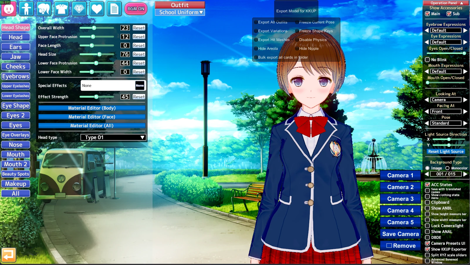 The Show KKUP Exporter toggle in the Operation Panel, and the Export Model for KKUP panel with Freeze Current Pose checked