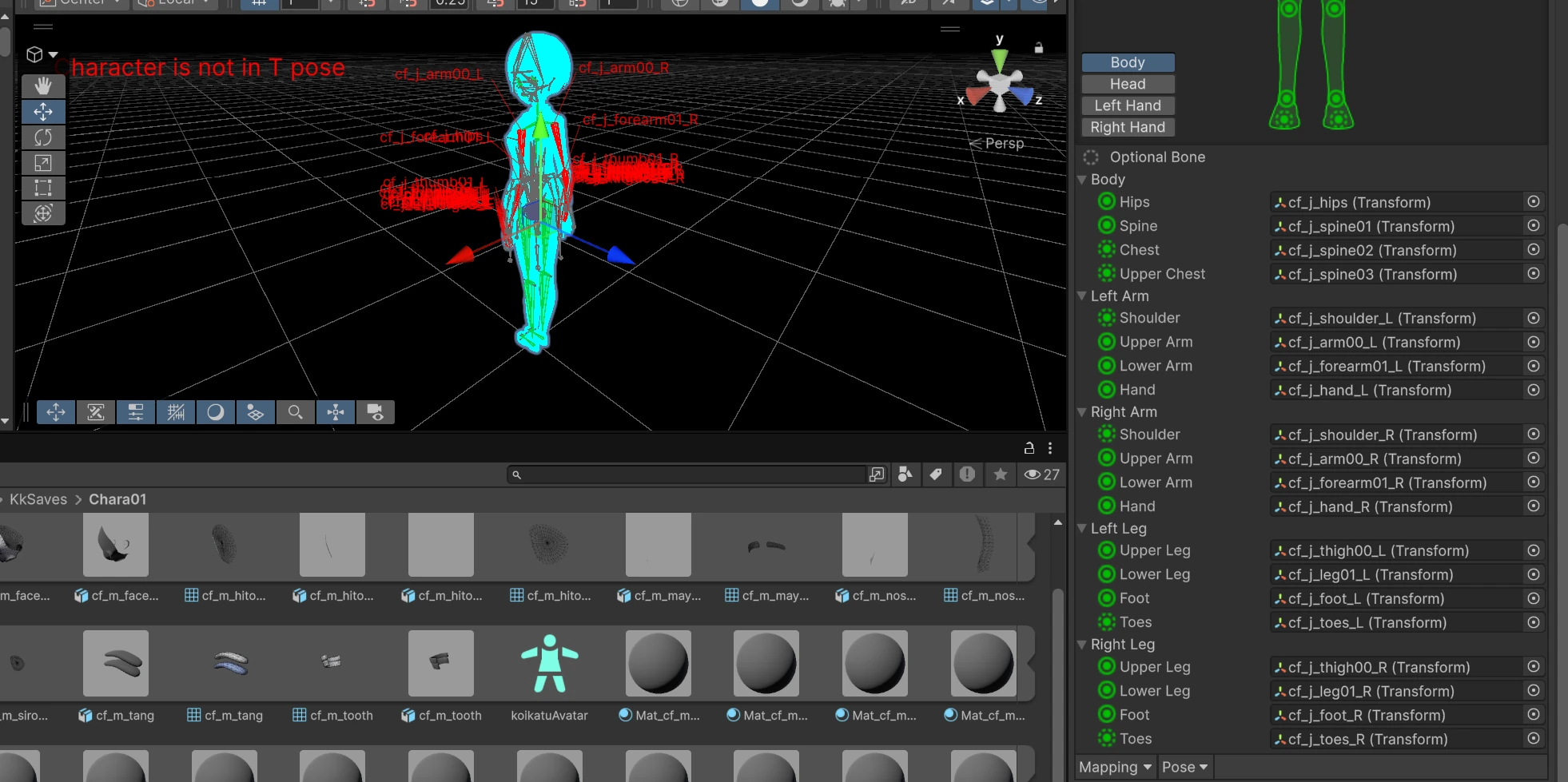 Unity's Avatar Configuration window showing a 'Character is not in T pose' error