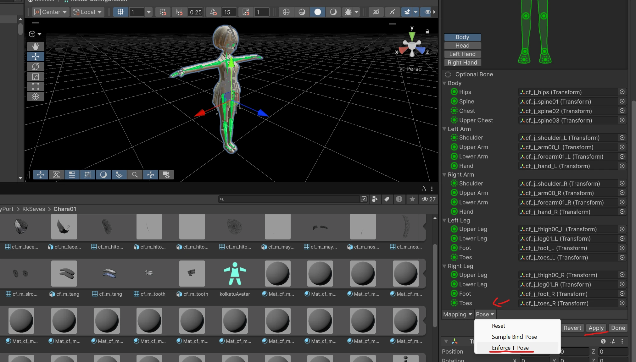 The Pose dropdown in Avatar Configuration with Enforce T-Pose selected, and the Apply button