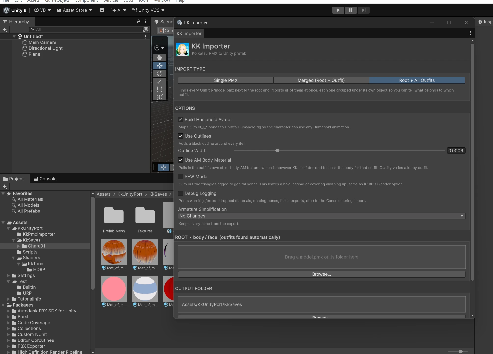 The KK Importer window in Unity, with import options and the drag-and-drop field